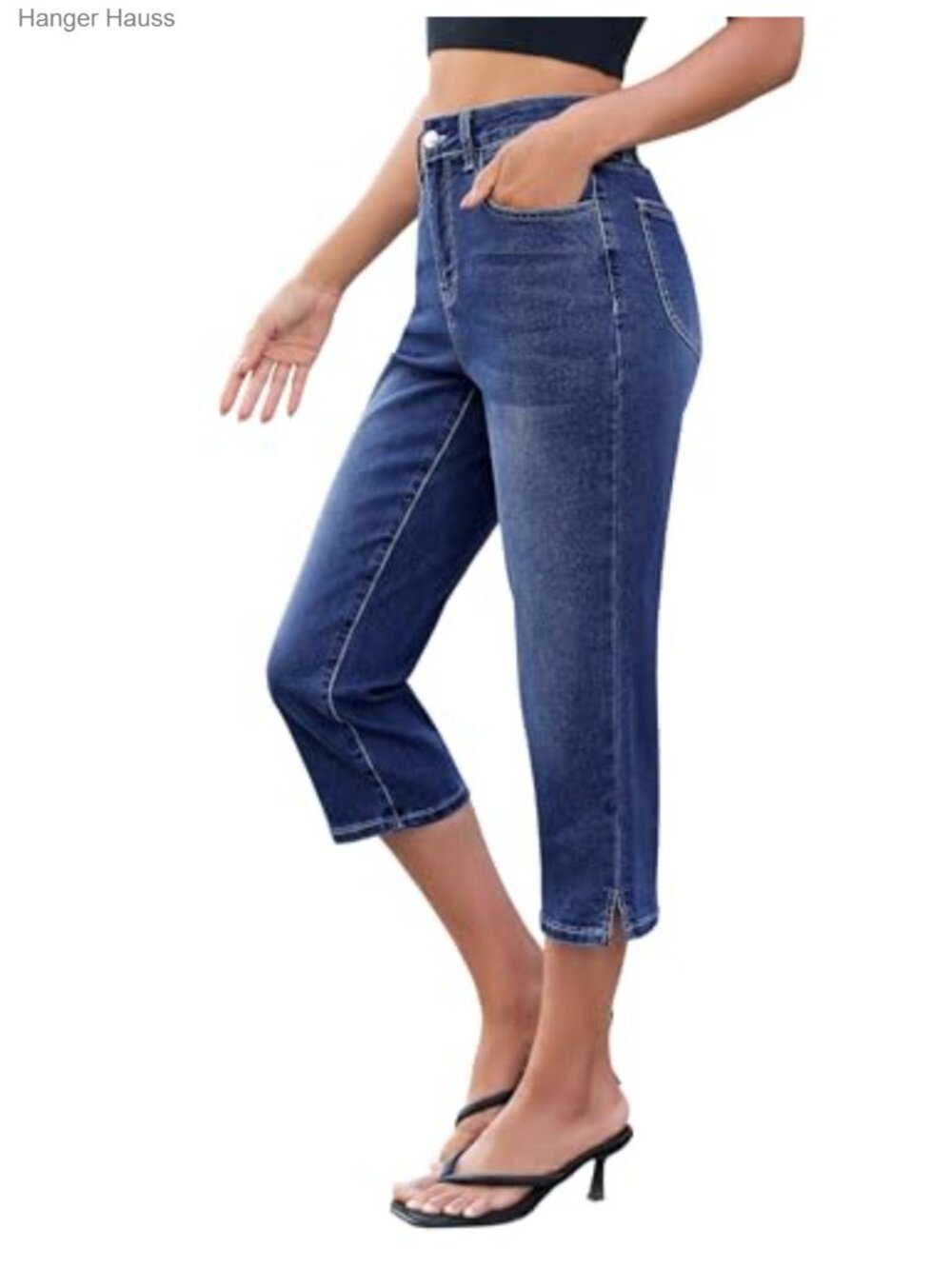 High Waisted Side Slit Capri Jeans Stretch Denim Straight Leg
